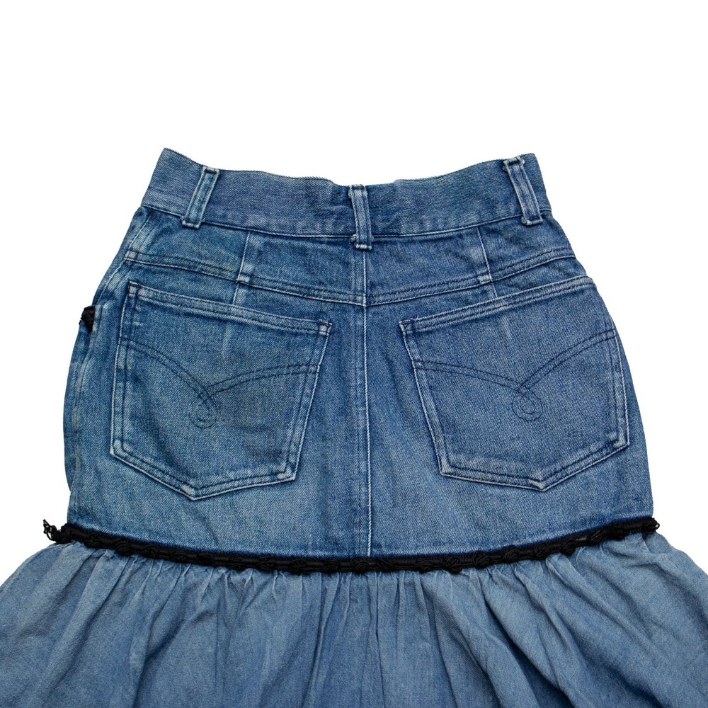 Moschino Vintage Denim Tiered Ruffle Maxi Skirt Blue Black Trim Size 42 - Picture 5 of 8